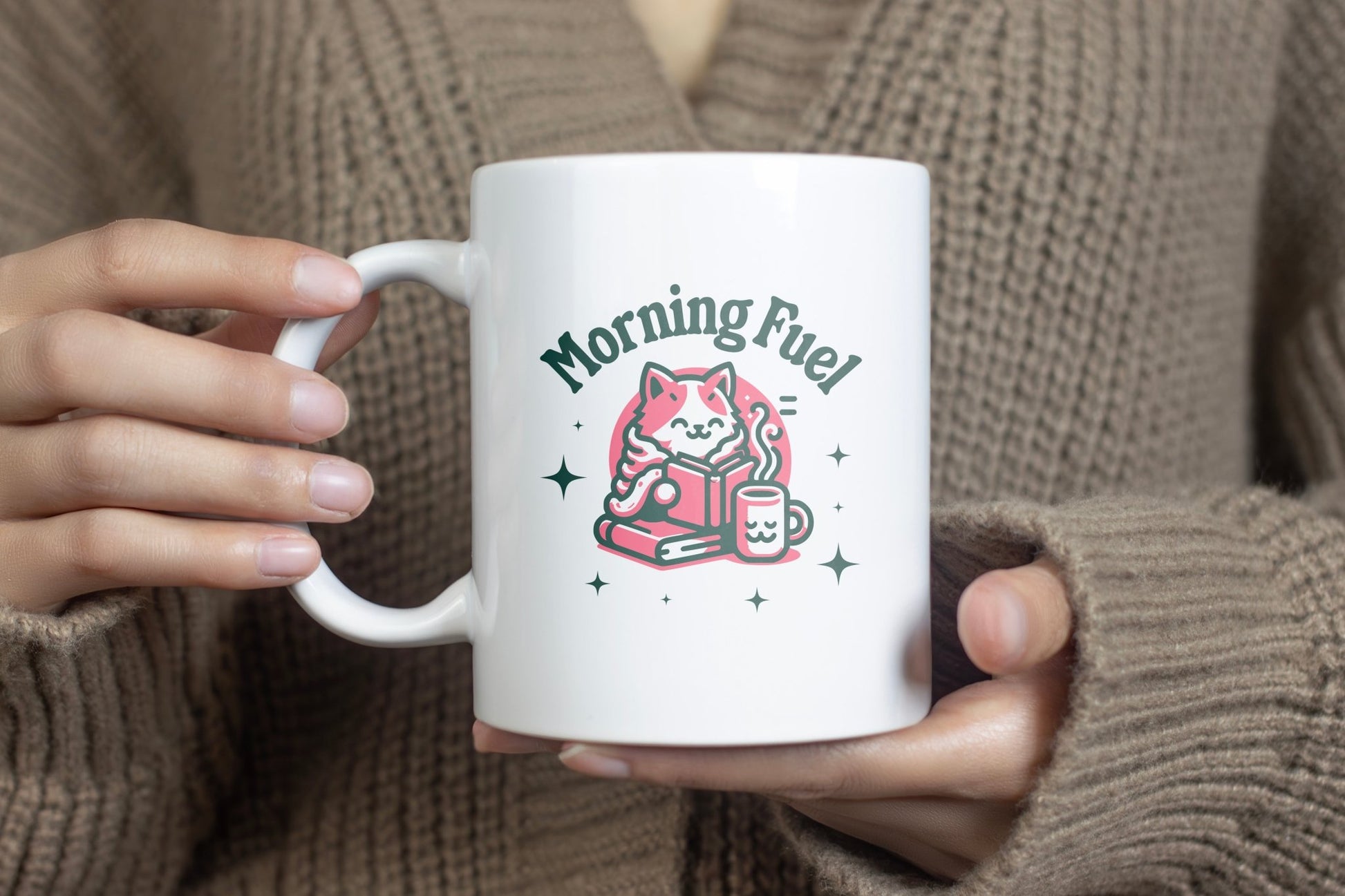 Ceramic mug with a cozy cat and coffee design, ideal for book and coffee lovers.