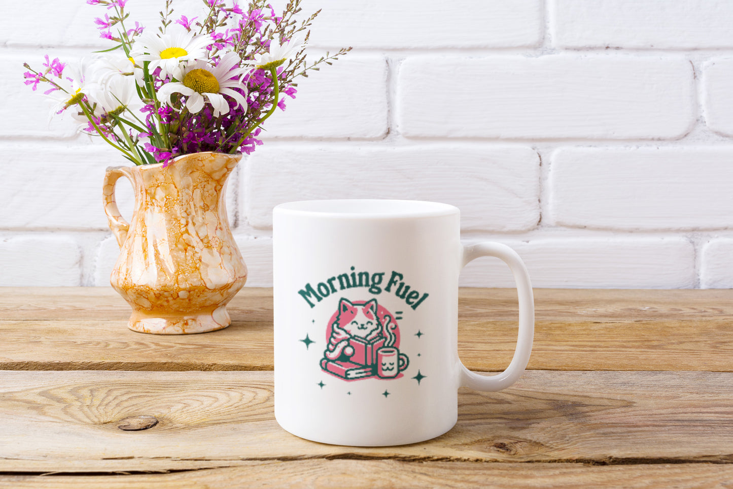 Ceramic mug with a cozy cat and coffee design, ideal for book and coffee lovers.