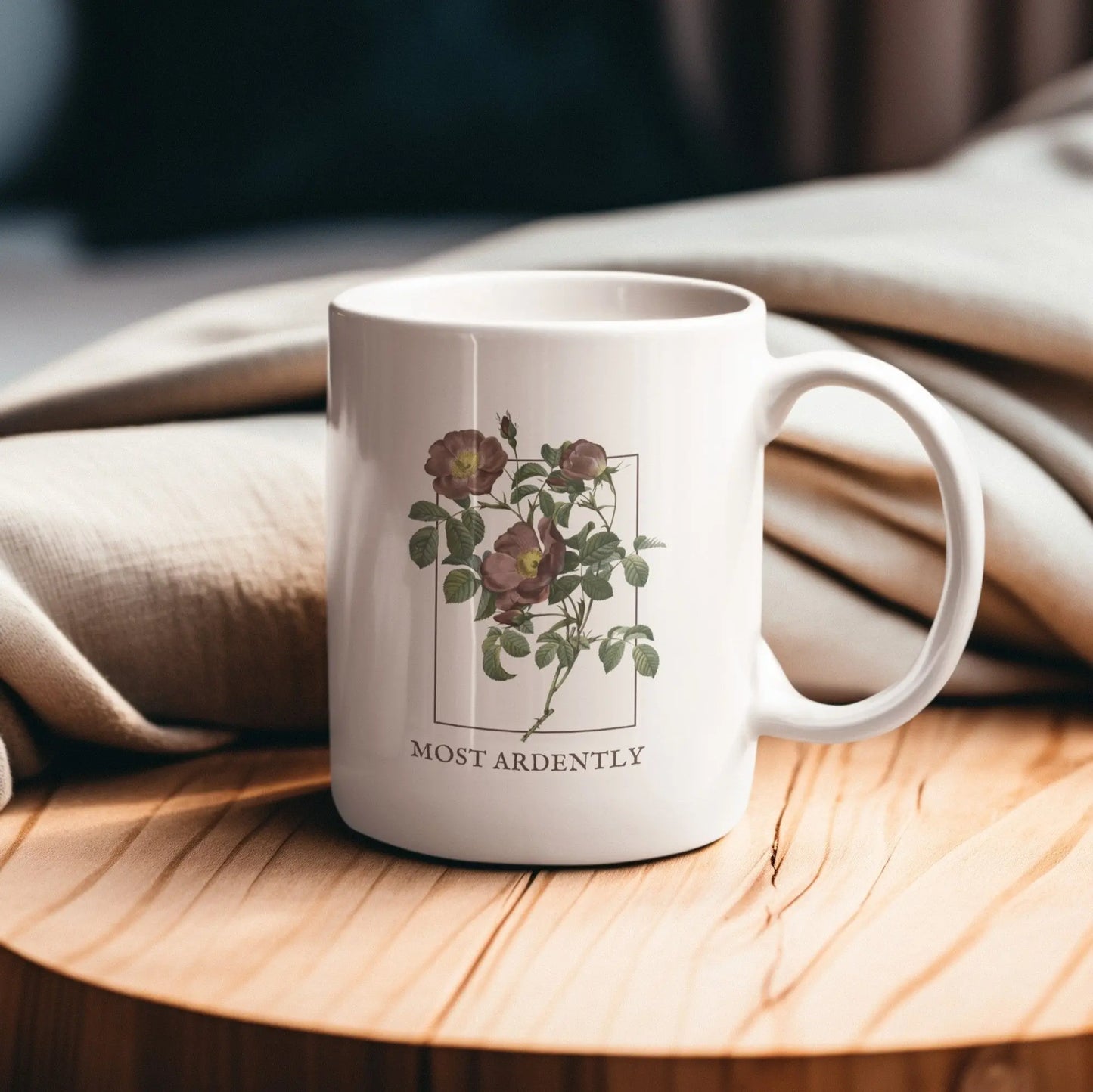 Most Ardently mug with floral design, Pride and Prejudice theme, 2 sizes, literary gift.