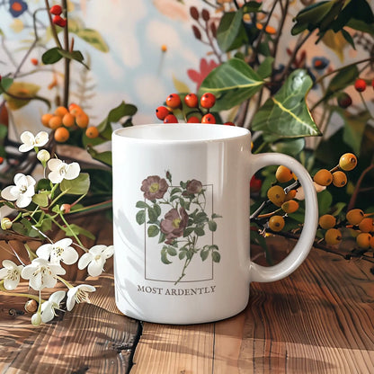 Most Ardently mug with floral design, Pride and Prejudice theme, 2 sizes, literary gift.