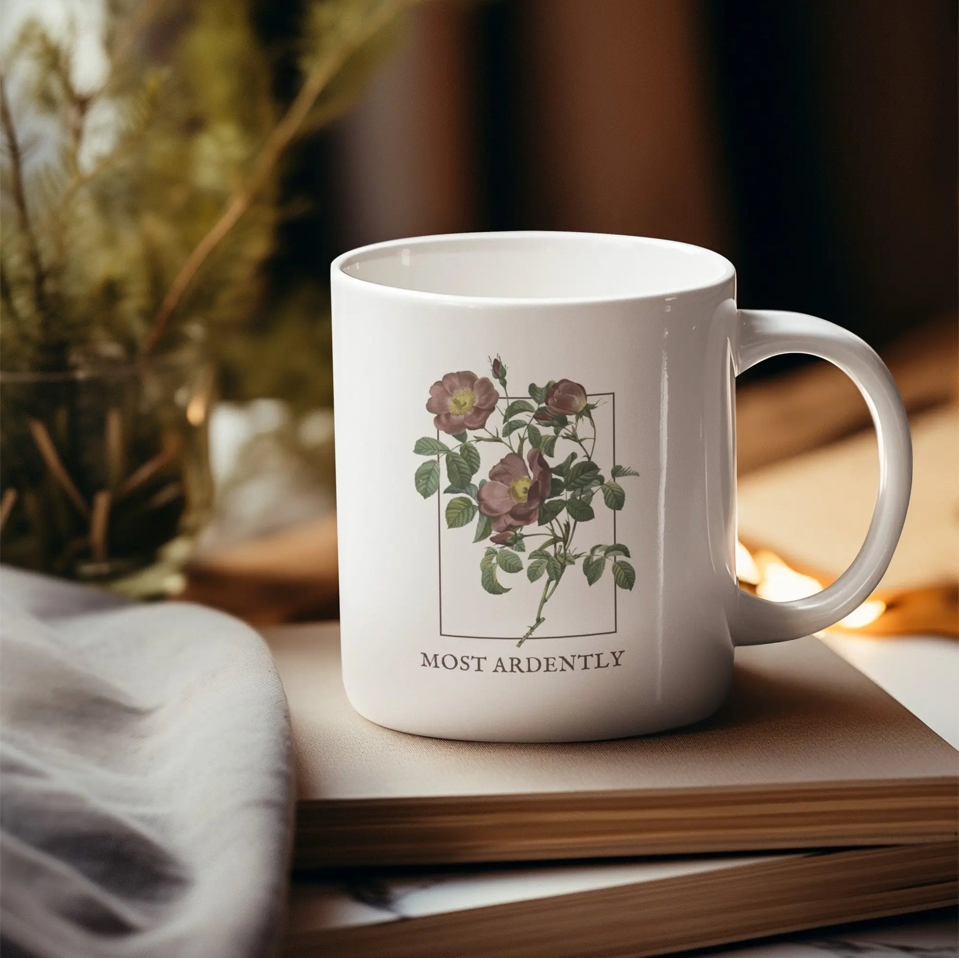 Most Ardently mug with floral design, Pride and Prejudice theme, 2 sizes, literary gift.