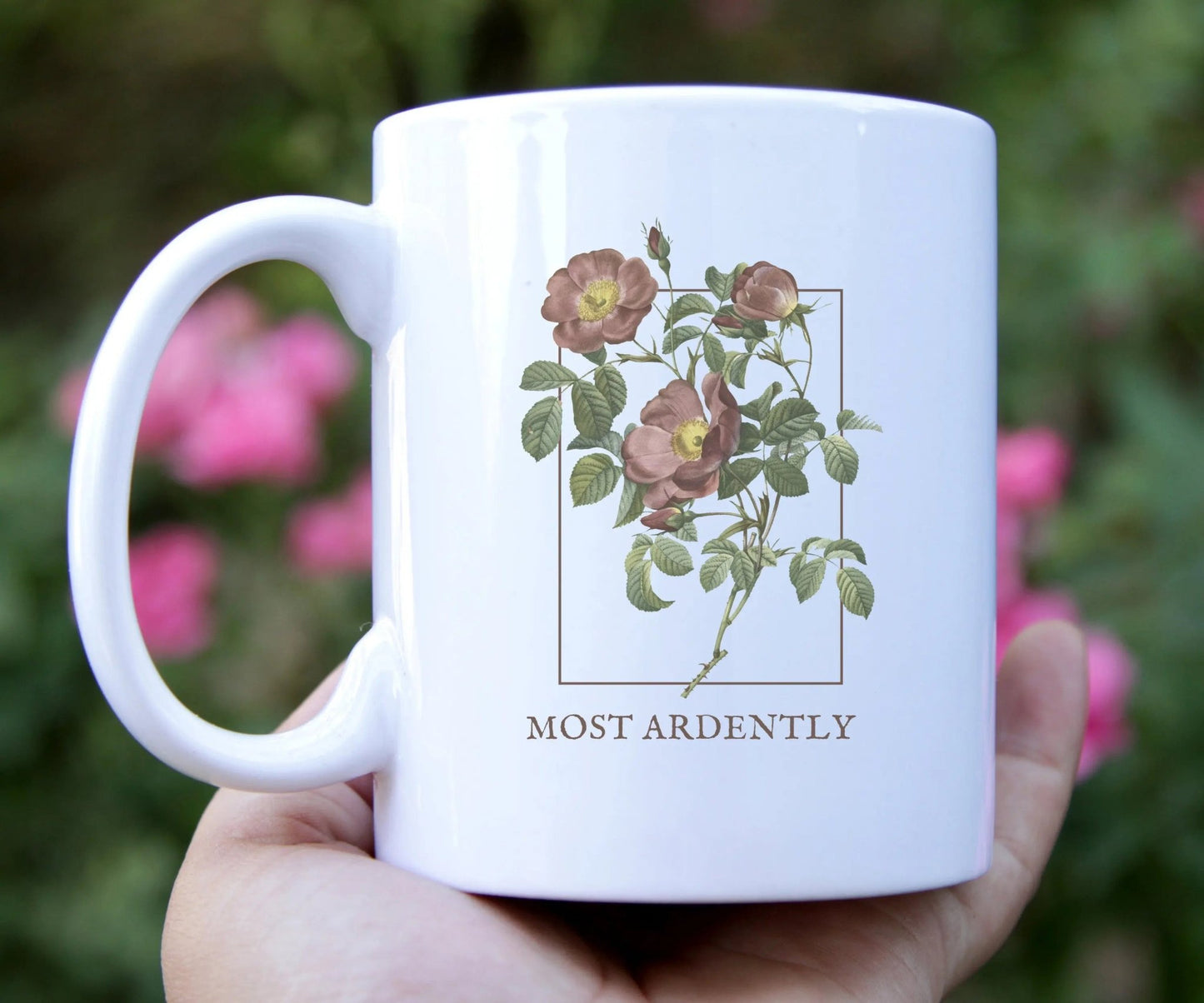 Most Ardently mug with floral design, Pride and Prejudice theme, 2 sizes, literary gift.