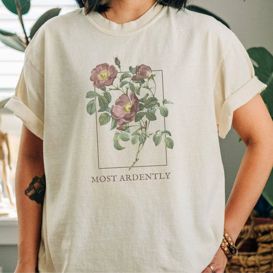 Most Ardently t-shirt with floral design, 100% cotton, Pride and Prejudice theme, 7 colors.