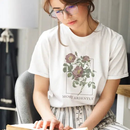 Most Ardently t-shirt with floral design, 100% cotton, Pride and Prejudice theme, 7 colors.