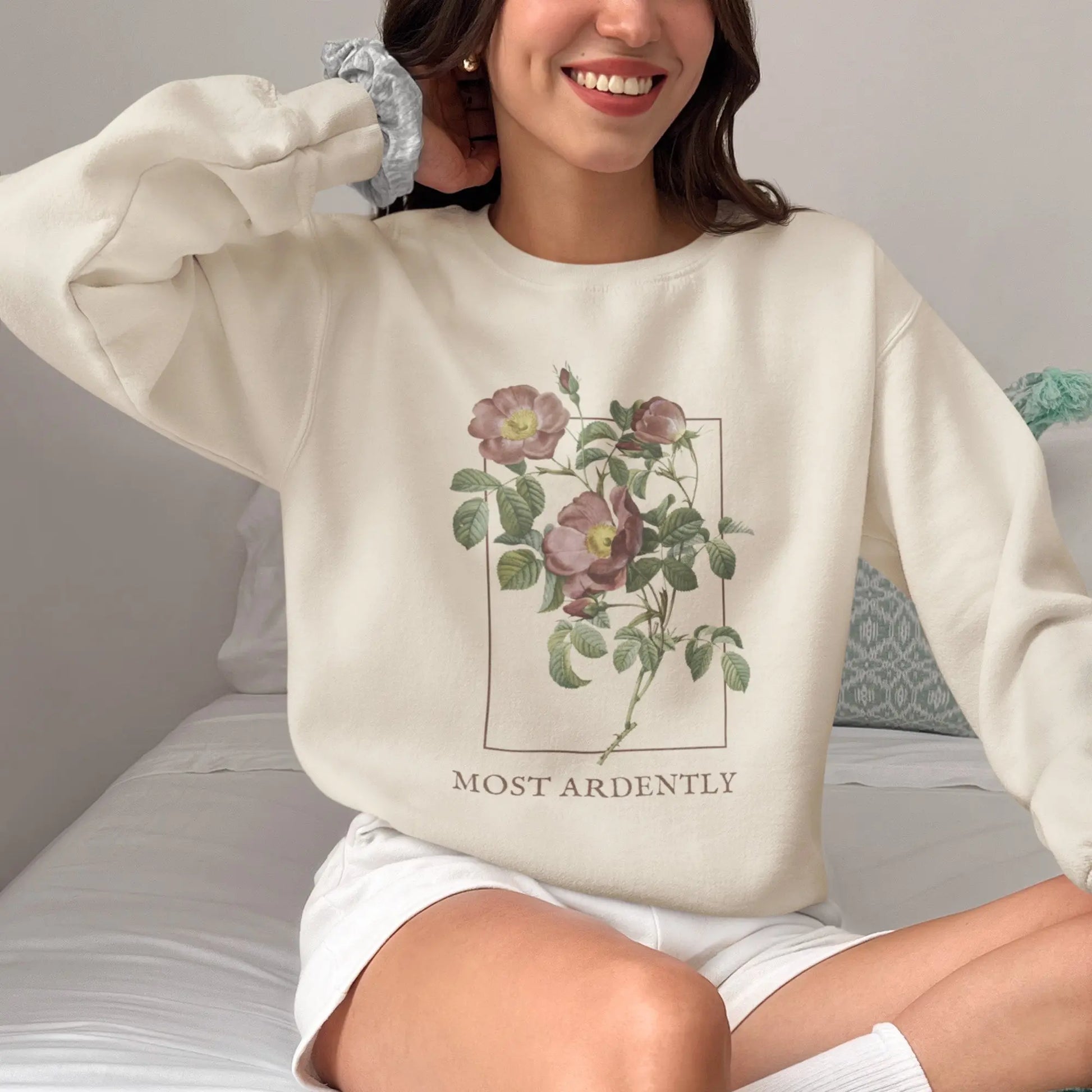 Most Ardently sweatshirt with floral design, 50/50 blend, Pride and Prejudice theme, 8 colors.