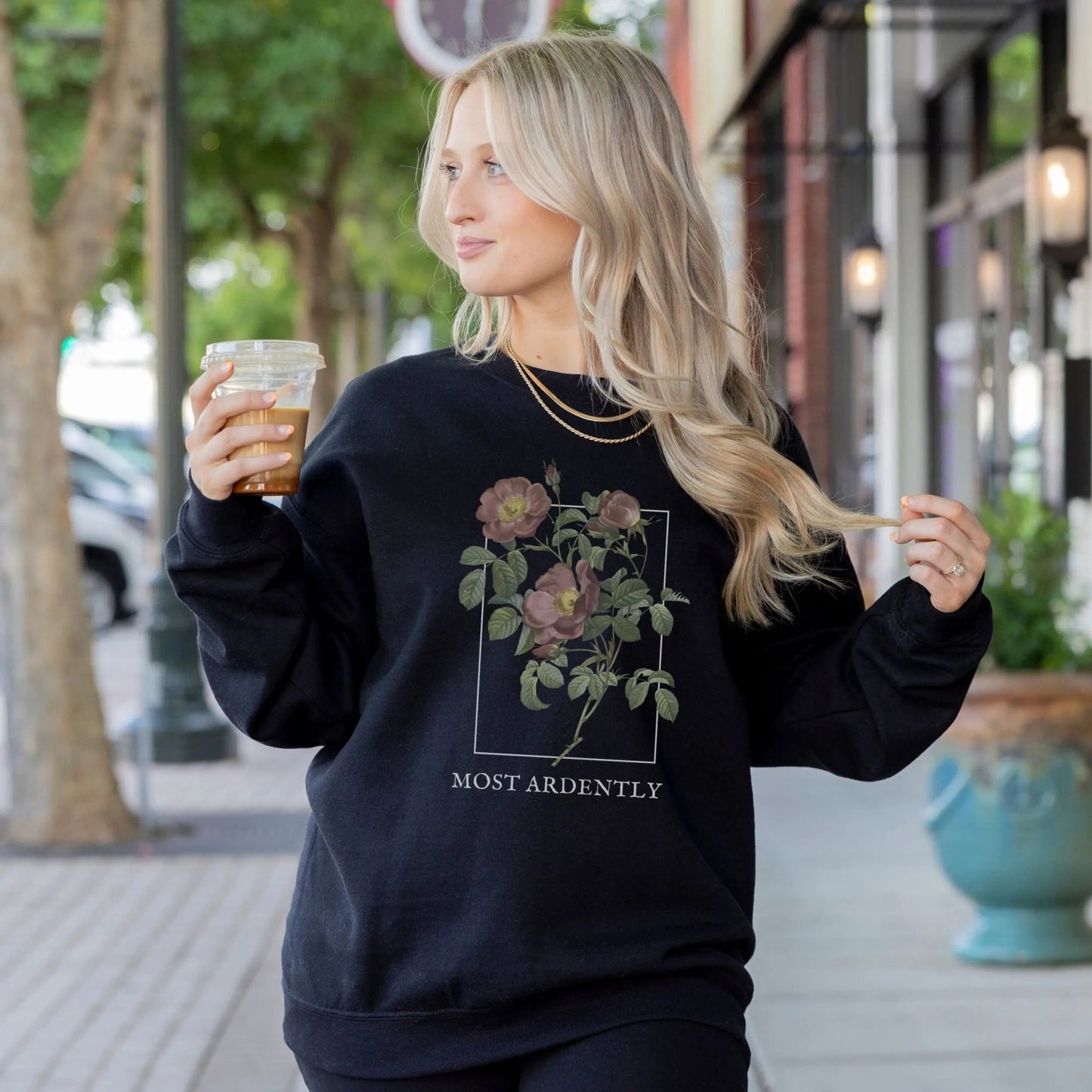 Most Ardently sweatshirt with floral design, 50/50 blend, Pride and Prejudice theme, 8 colors.