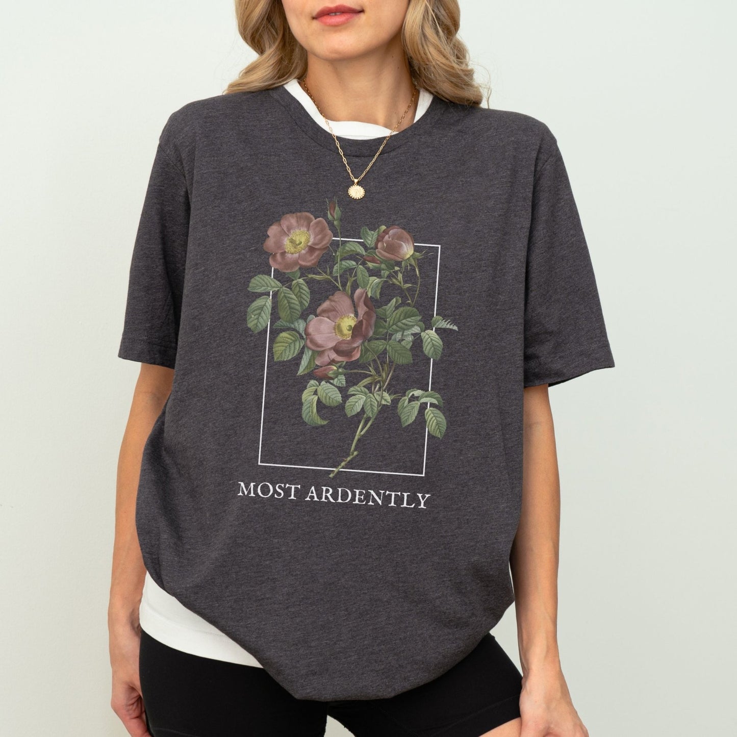 Most Ardently t-shirt with floral design, 100% cotton, Pride and Prejudice theme, 7 colors.