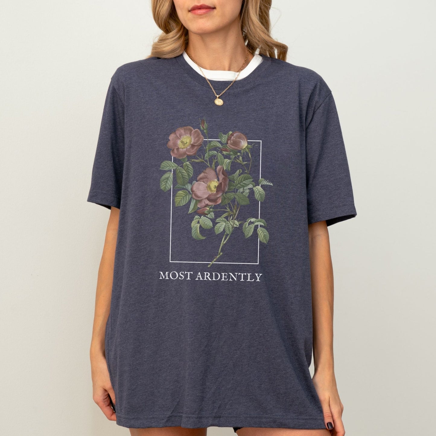 Most Ardently t-shirt with floral design, 100% cotton, Pride and Prejudice theme, 7 colors.