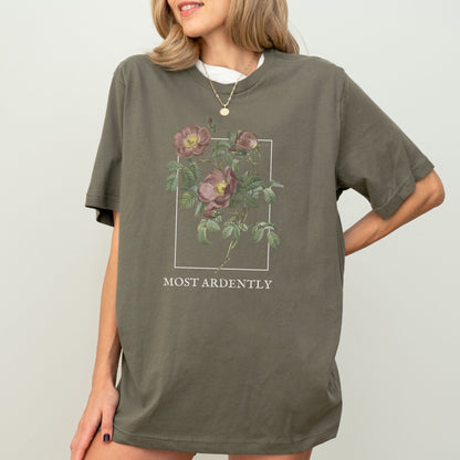 Most Ardently t-shirt with floral design, 100% cotton, Pride and Prejudice theme, 7 colors.