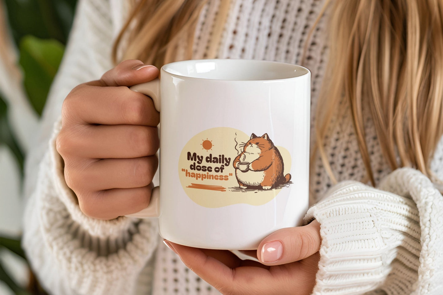 Cartoon fat cat holding a coffee mug with the text "My daily dose of happiness."