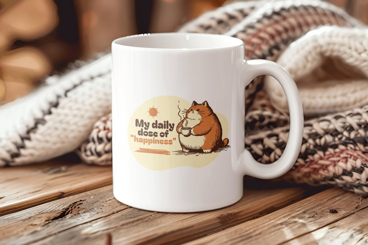 Cartoon fat cat holding a coffee mug with the text "My daily dose of happiness."