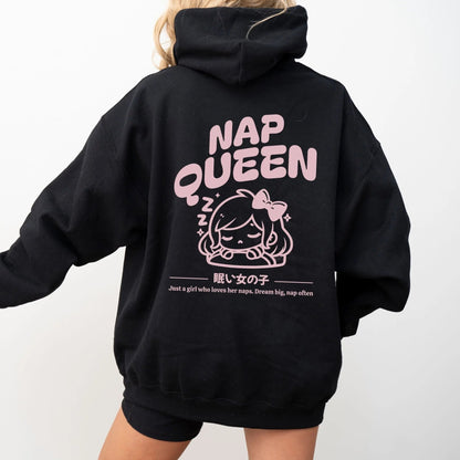 "Nap Queen" hoodie from That Cozy Vibe, in 10 colors, perfect for kawaii gift seekers.