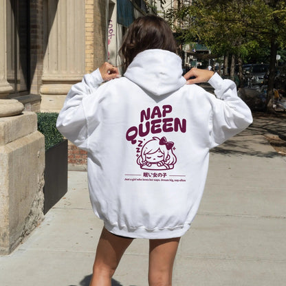 "Nap Queen" hoodie from That Cozy Vibe, in 10 colors, perfect for kawaii gift seekers.