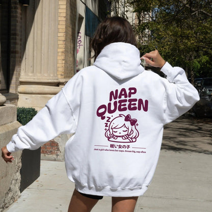 "Nap Queen" hoodie from That Cozy Vibe, in 10 colors, perfect for kawaii gift seekers.