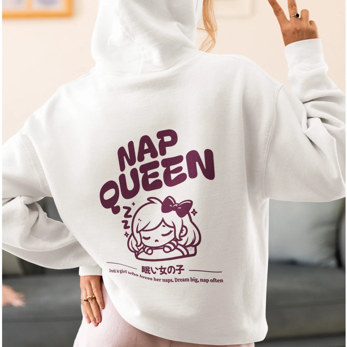 "Nap Queen" hoodie from That Cozy Vibe, in 10 colors, perfect for kawaii gift seekers.