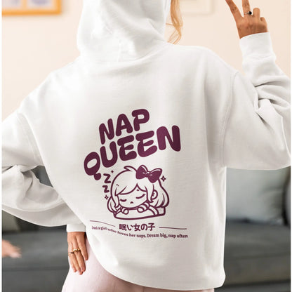 "Nap Queen" hoodie from That Cozy Vibe, in 10 colors, perfect for kawaii gift seekers.