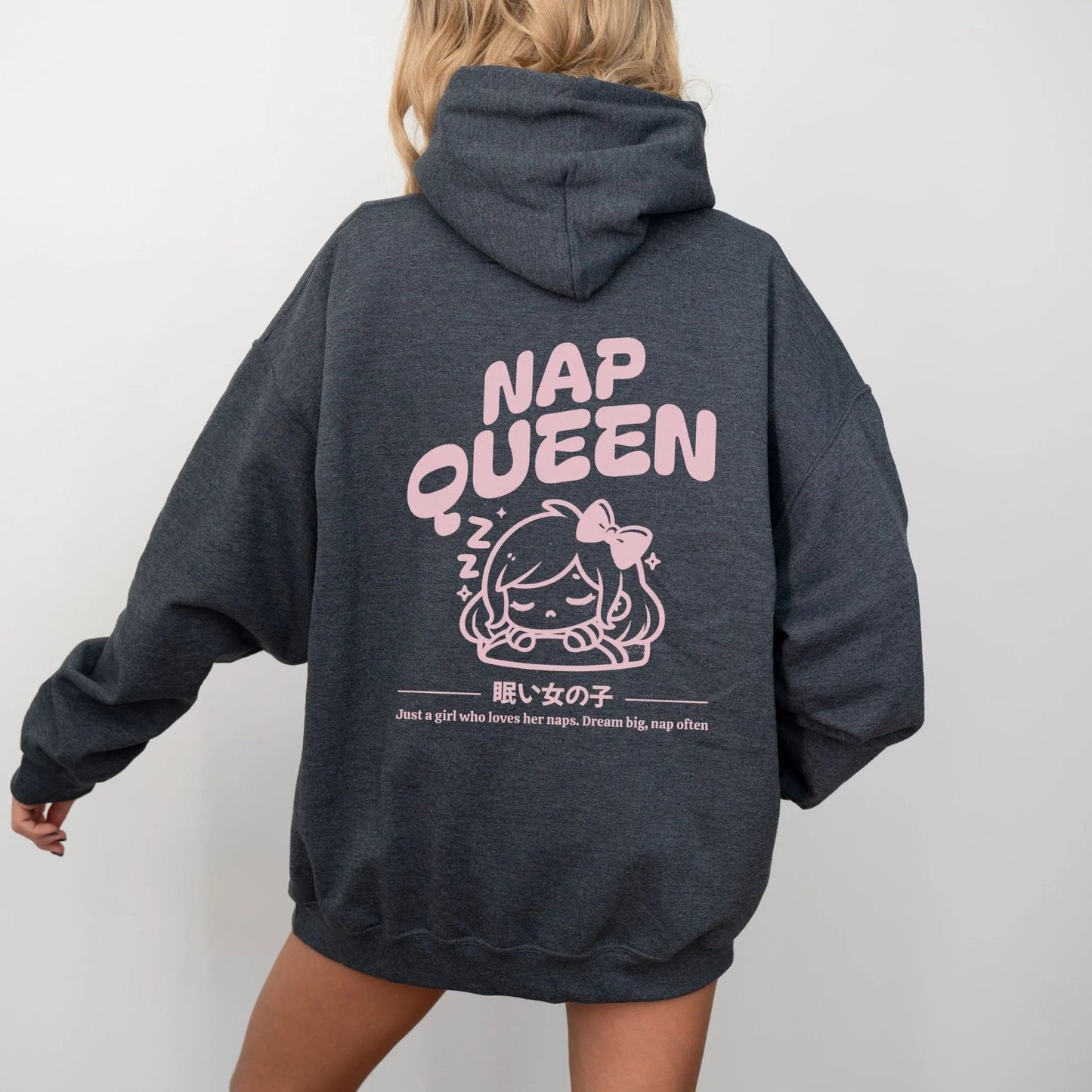 "Nap Queen" hoodie from That Cozy Vibe, in 10 colors, perfect for kawaii gift seekers.