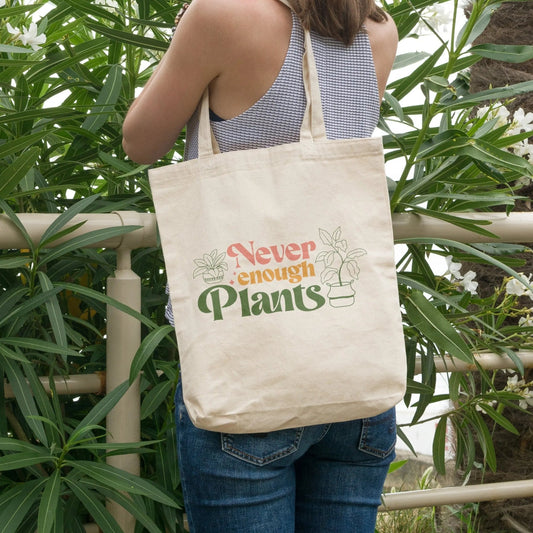 "Never Enough Plants" tote bag, cotton canvas, plant lover gift, botanical theme, 2 colors.