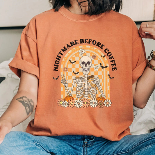 Retro skeleton Halloween shirt with spooky season design, available in 3 colors.