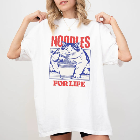 Noodles For Life t-shirt with ramen cat design, perfect for noodle lovers and foodie fashion.