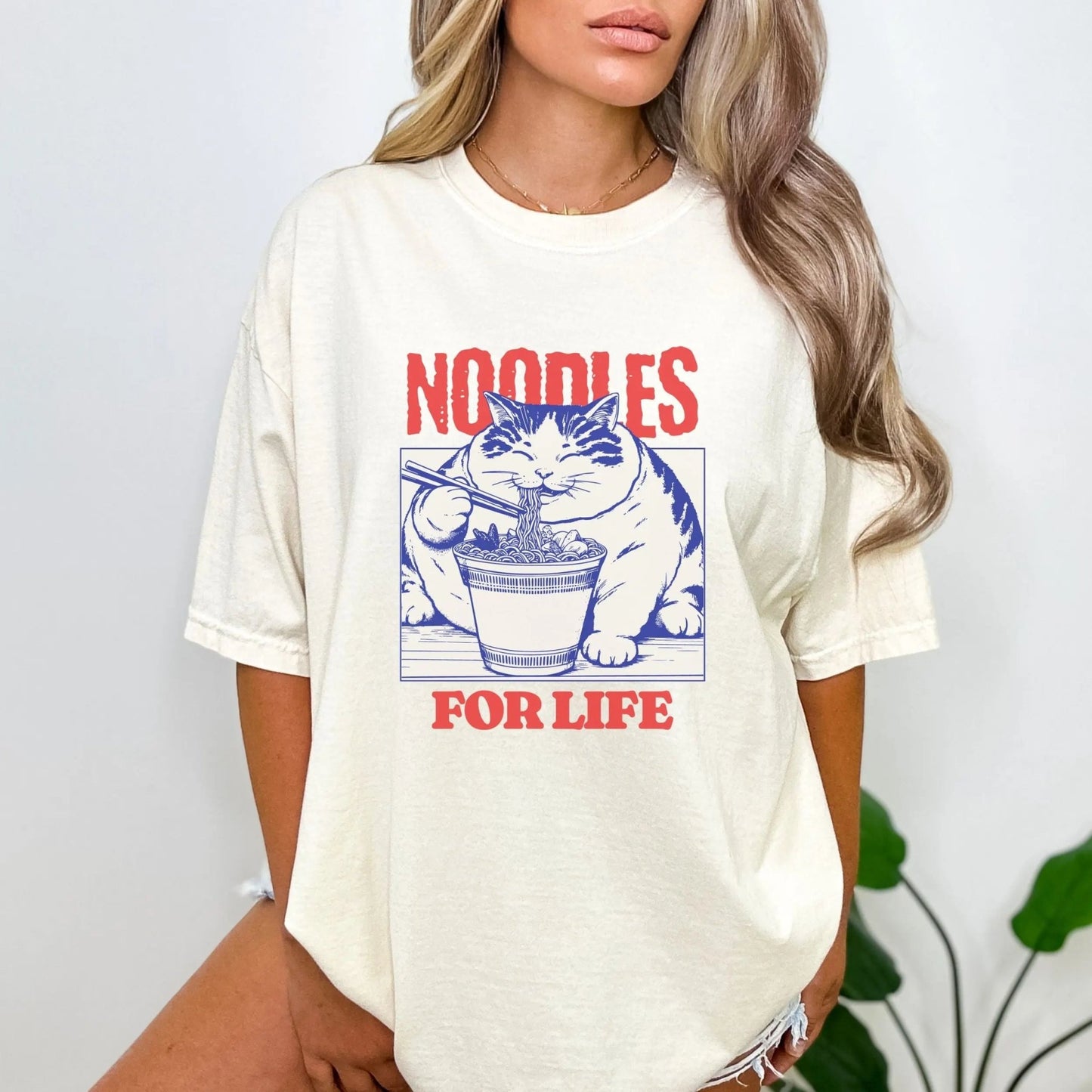 Noodles For Life t-shirt with ramen cat design, perfect for noodle lovers and foodie fashion.