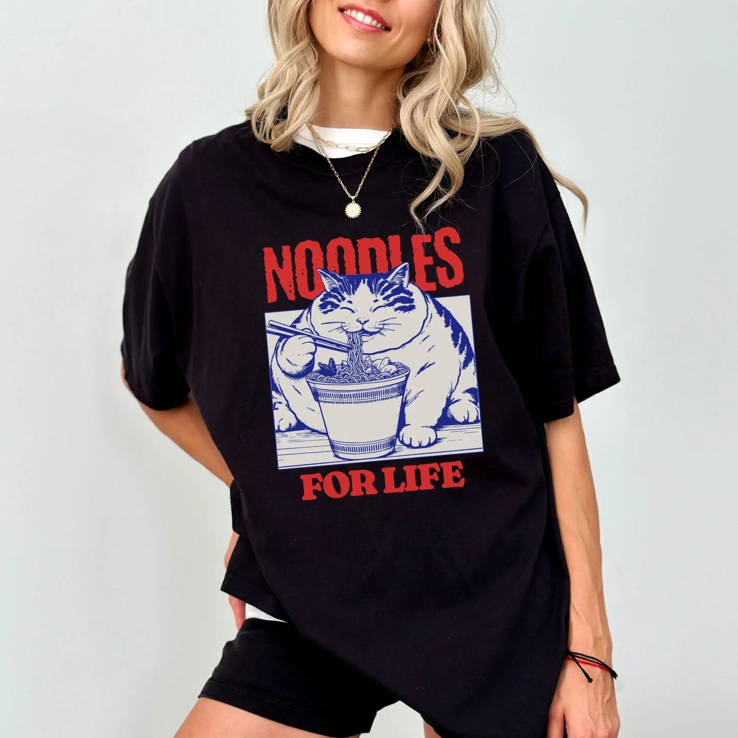 Noodles For Life t-shirt with ramen cat design, perfect for noodle lovers and foodie fashion.