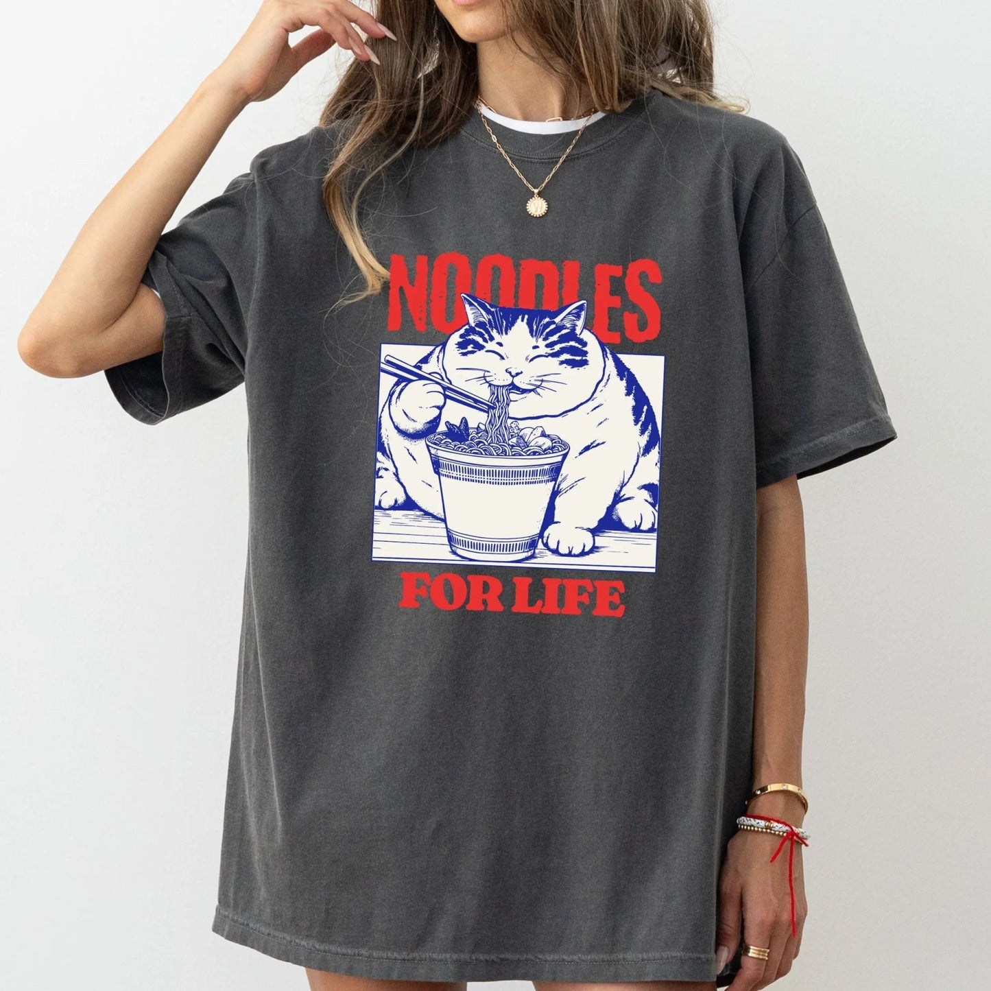 Noodles For Life t-shirt with ramen cat design, perfect for noodle lovers and foodie fashion.