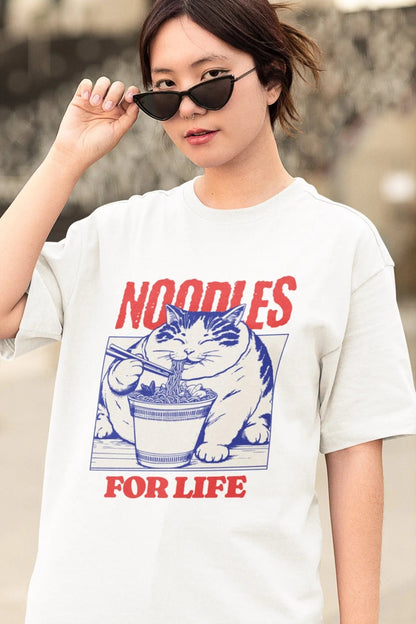 Noodles For Life t-shirt with ramen cat design, perfect for noodle lovers and foodie fashion.