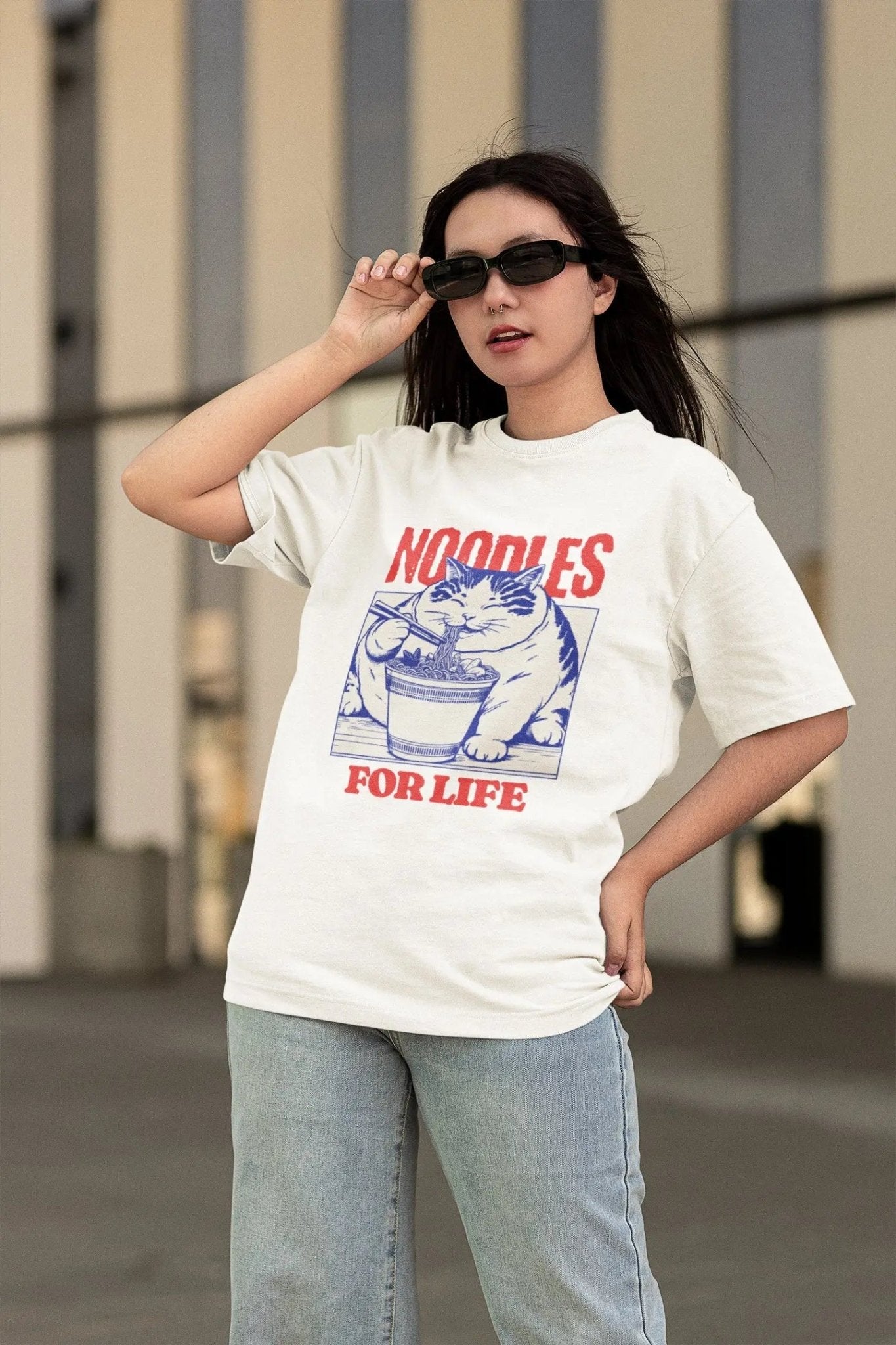 Noodles For Life t-shirt with ramen cat design, perfect for noodle lovers and foodie fashion.