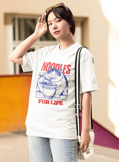 Noodles For Life t-shirt with ramen cat design, perfect for noodle lovers and foodie fashion.