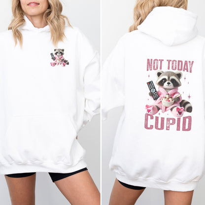 Not Today Cupid hoodie with a funny raccoon graphic, cozy and sassy Valentine's Day humor apparel.