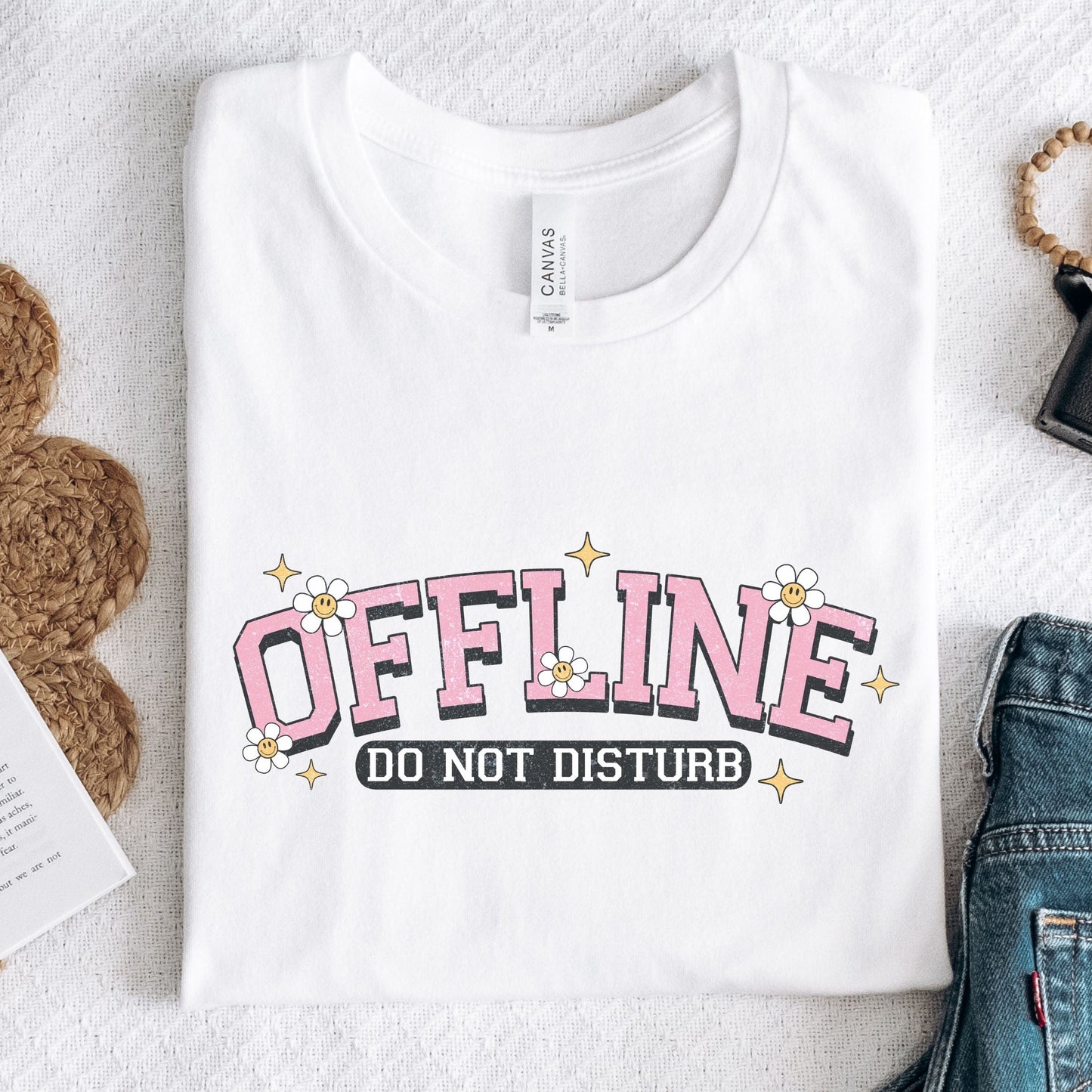 Offline Do Not Disturb t-shirt with retro collegiate font and summer daisy design