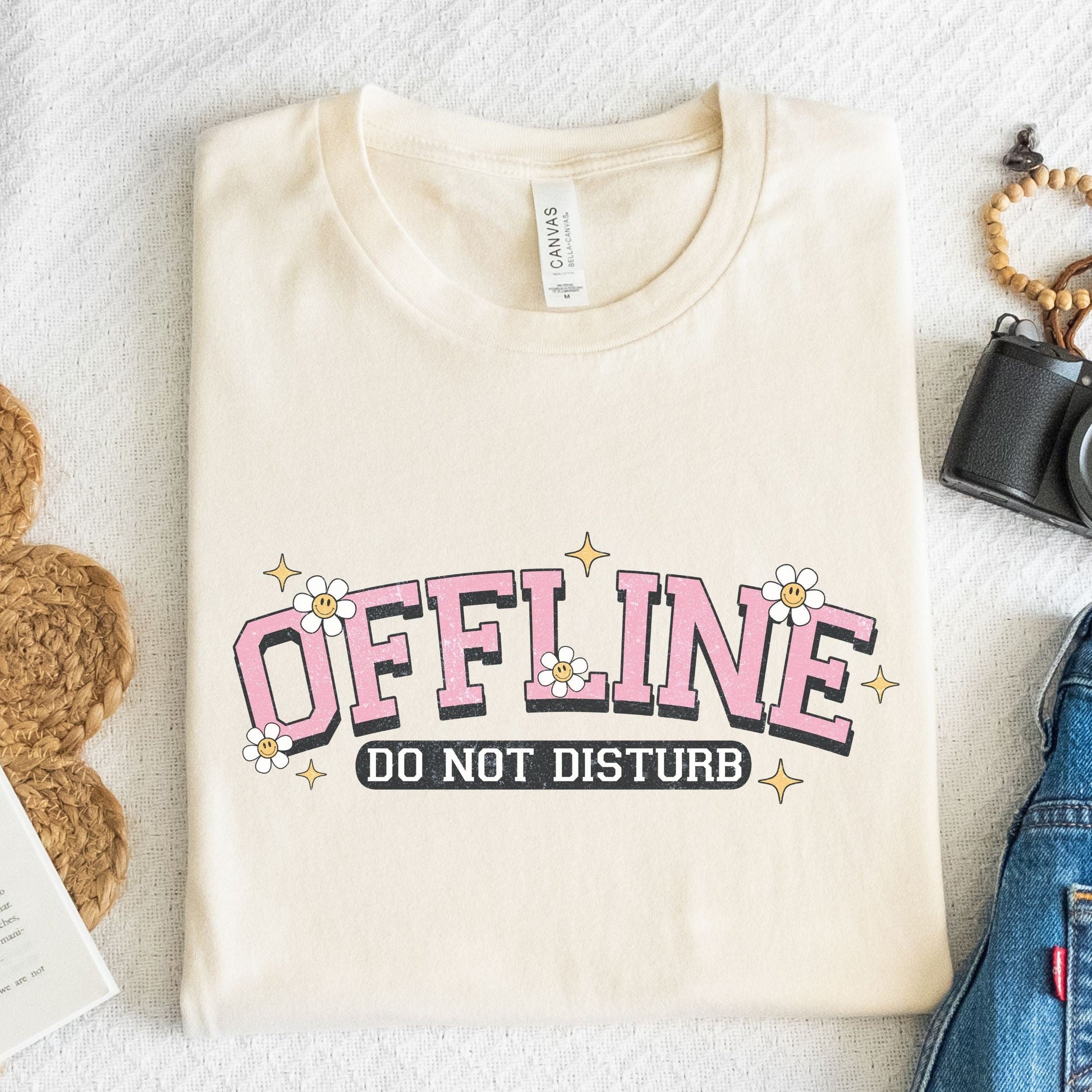 Offline Do Not Disturb t-shirt with retro collegiate font and summer daisy design