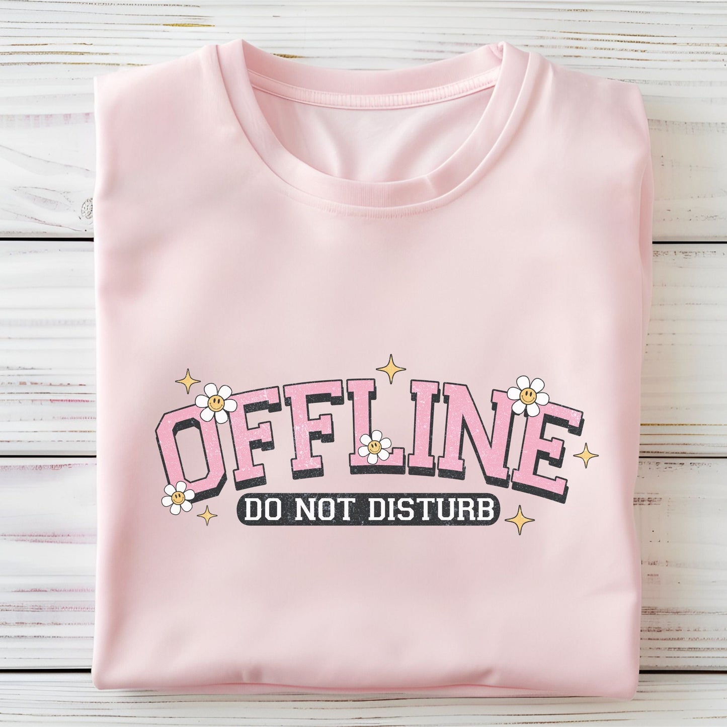 Offline Do Not Disturb t-shirt with retro collegiate font and summer daisy design