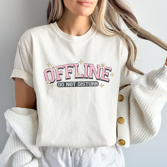 Offline Do Not Disturb t-shirt with retro collegiate font and summer daisy design