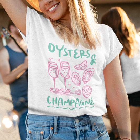 Oysters and champagne summer t-shirt with coastal brunch aesthetic design
