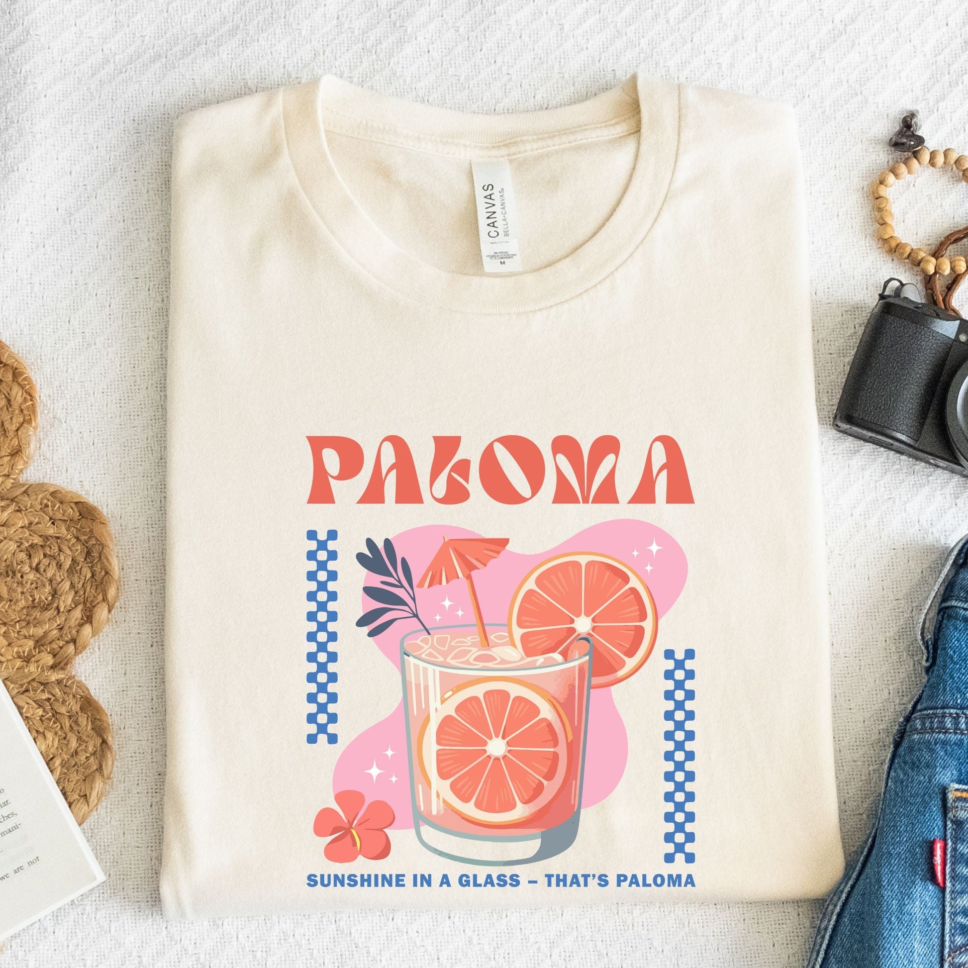 Paloma cocktail t-shirt with grapefruit drink design and retro summer vibes