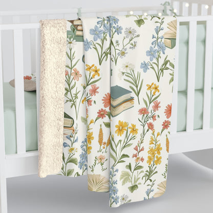 Floral book blanket with plush sherpa and velveteen options, featuring a literary floral design.