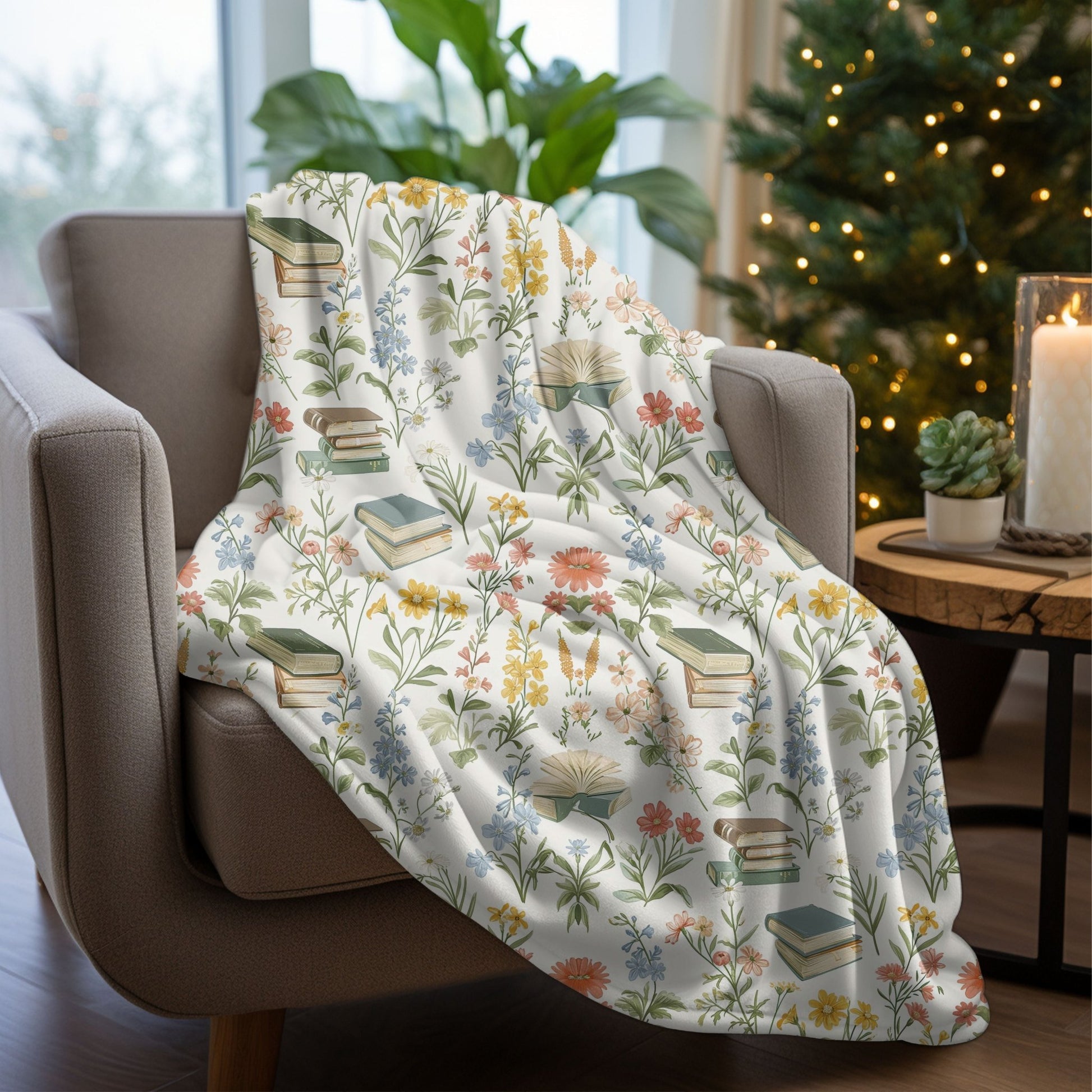 Floral book blanket with plush sherpa and velveteen options, featuring a literary floral design.