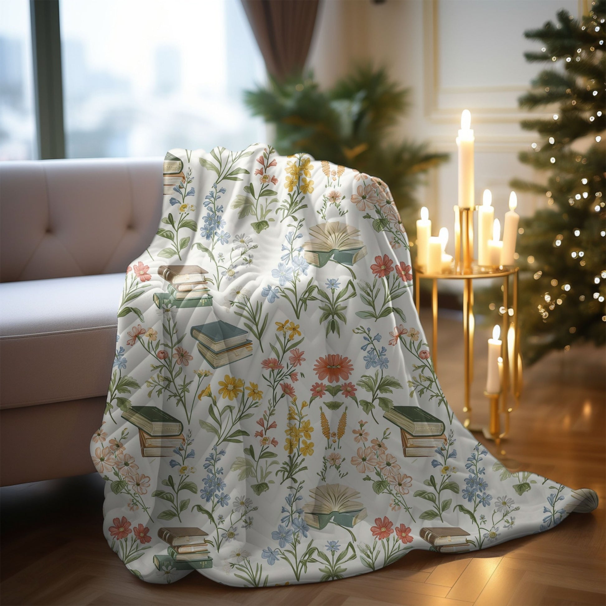 Floral book blanket with plush sherpa and velveteen options, featuring a literary floral design.