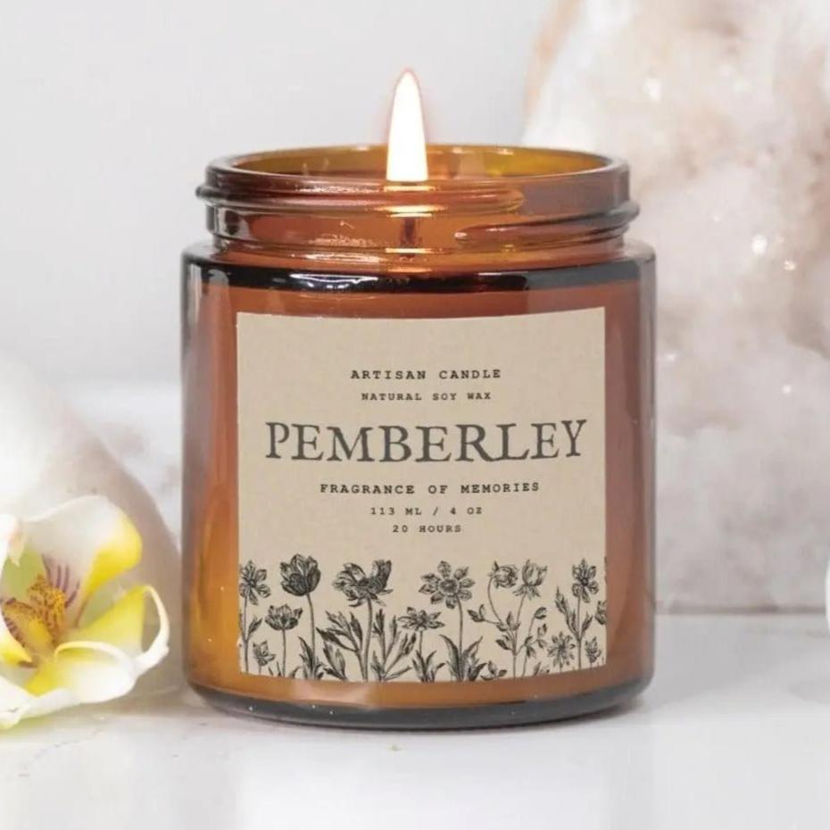 Pemberley candle, Jane Austen gift, 10 fragrances, literary themed, 4 oz and 9 oz sizes.