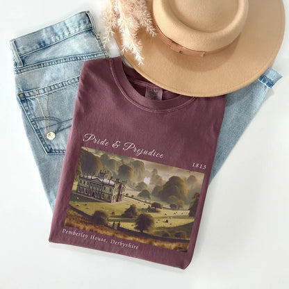 Comfortable t-shirt with Pemberley design, perfect for Jane Austen fans and book lovers.