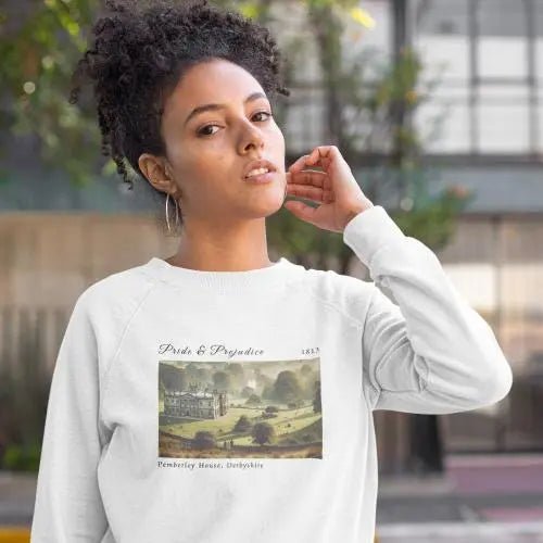 Cozy sweatshirt with Pemberley design, perfect for Jane Austen fans and book lovers.