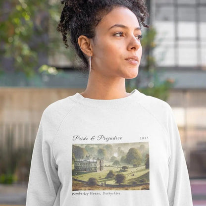 Cozy sweatshirt with Pemberley design, perfect for Jane Austen fans and book lovers.