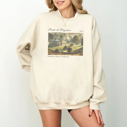 Cozy sweatshirt with Pemberley design, perfect for Jane Austen fans and book lovers.