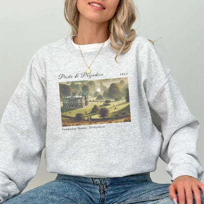 Cozy sweatshirt with Pemberley design, perfect for Jane Austen fans and book lovers.