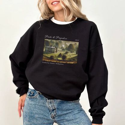 Cozy sweatshirt with Pemberley design, perfect for Jane Austen fans and book lovers.