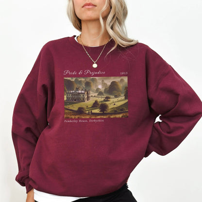 Cozy sweatshirt with Pemberley design, perfect for Jane Austen fans and book lovers.