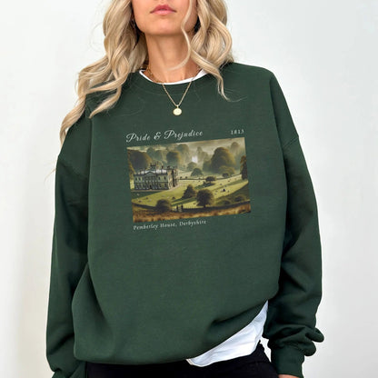 Cozy sweatshirt with Pemberley design, perfect for Jane Austen fans and book lovers.