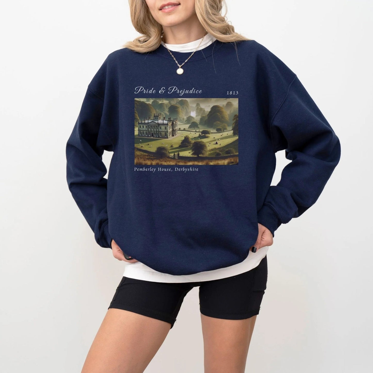 Cozy sweatshirt with Pemberley design, perfect for Jane Austen fans and book lovers.